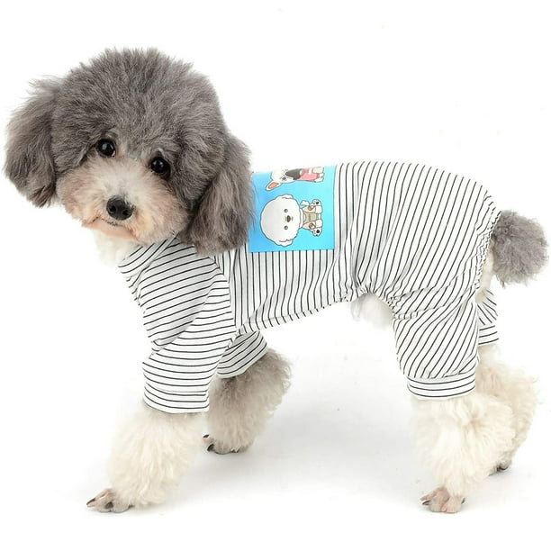 Pijamas para perros de algodón a rayas para perros pequeños, 4 patas, cachorros, ropa estampada para perros, mono para mascotas, mono con capucha de dibujos animados, abrigo para mascotas, abrigo