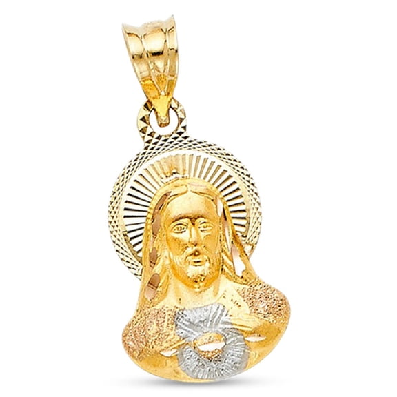 14k Yellow White Rose Gold Jesus Halo Pendant Religious Charm Diamond Cut Tri Color 20 x 12 mm