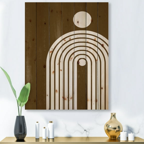Designart 'Terracotta Minimalist Boho Rainbow With Sun' Modern Print on Natural Pine Wood