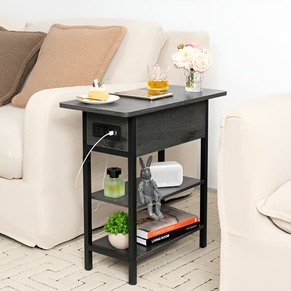 End Table with Charging Station, Flip Top Side Table with USB Ports and Outlets,Small Table Bedside Tables with Storage Shelf for Living Room, Bedroom