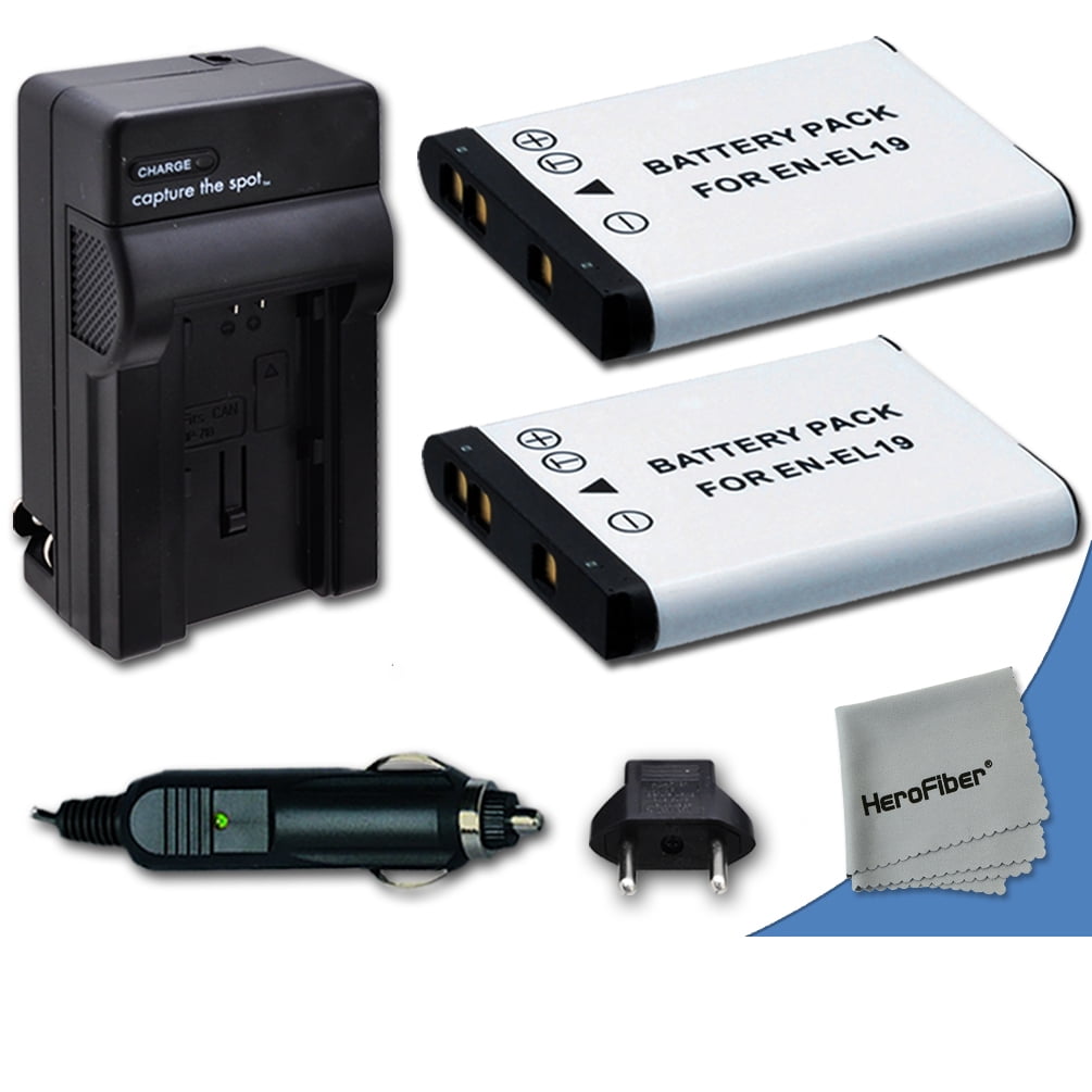 2 High Capacity Replacement Nikon ENEL19 Batteries with AC/DC Quick Charger Kit for Nikon
