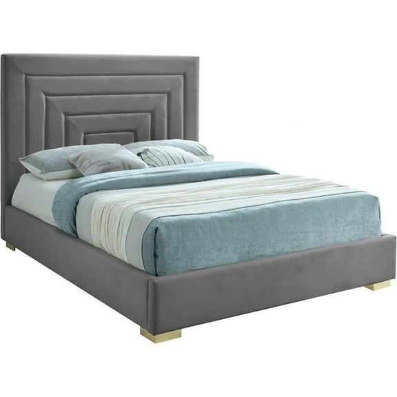Maklaine Contemporary Gray Velvet King Bed with Gold/Chrome Legs Included