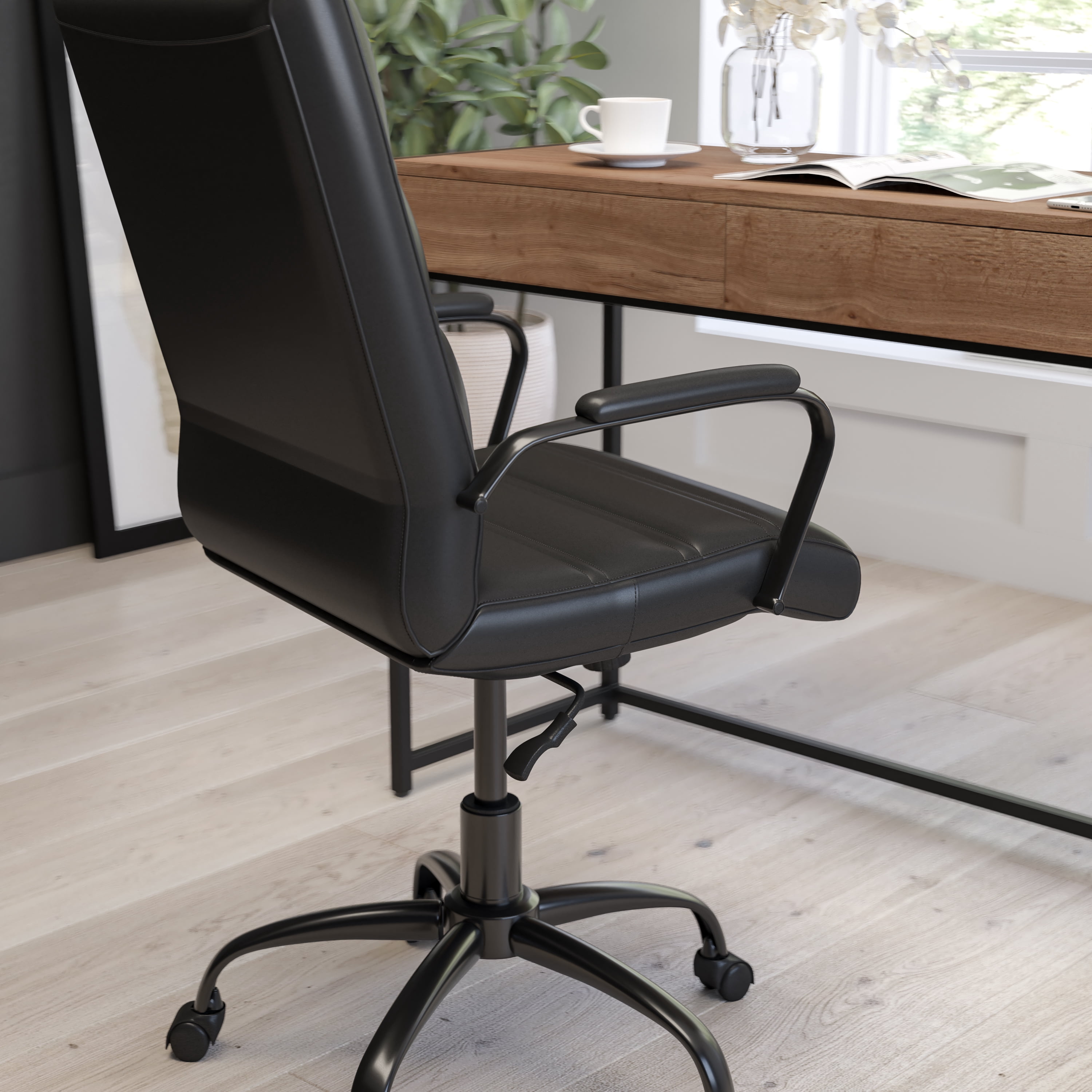 Merrick Lane Contemporary Mid-Back Black Faux Leather Home Office Chair with Padded Black Arms