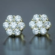 SHREE JEWELS Iced 14K Gold Plated Sterling Silver Lab Created Diamond Round Flower Cluster Stud Hip Hop Earrings