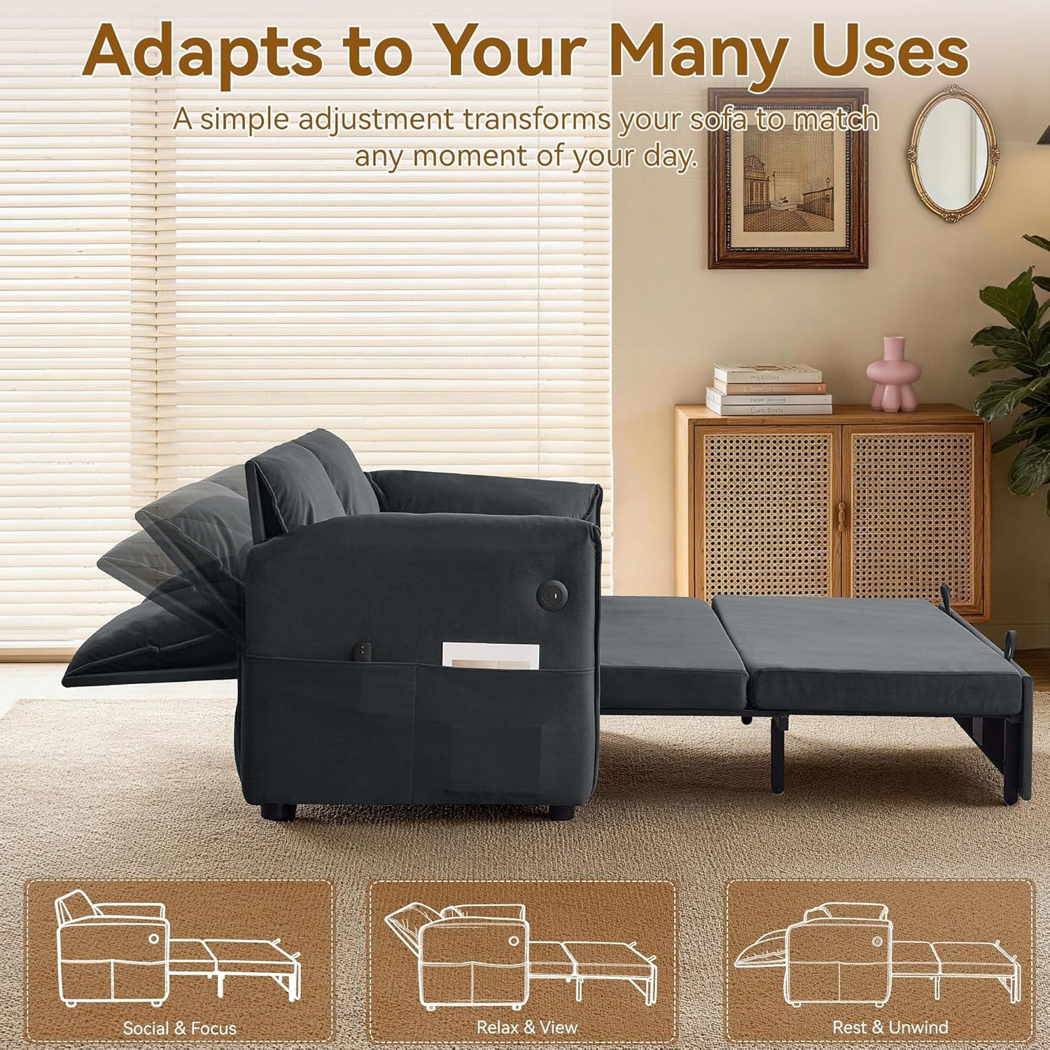 63" Velvet Pull Out Couch, 3-in-1 Convertible Sleeper Sofa Bed with Adjustable Backrest, USB Charging Ports, Side Pockets, Modern Loveseat for Living Room, Bedroom, Apartment, Dark Grey