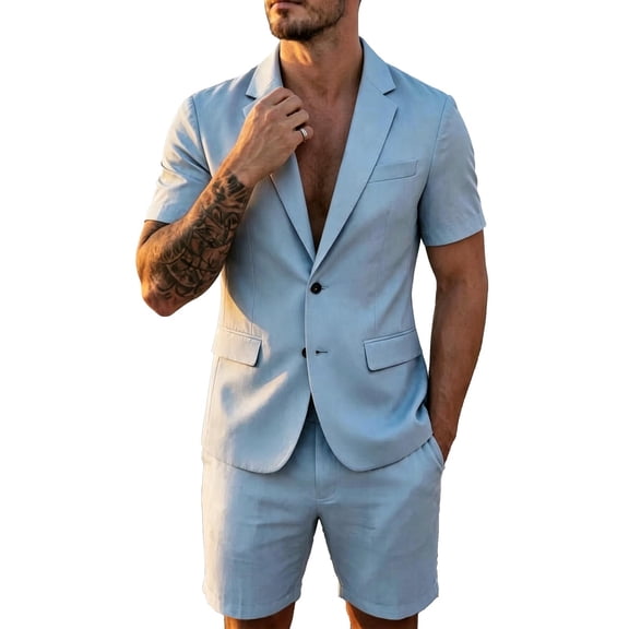 USNSM Men's Lightweight Suit Set Short Sleeve Blazer and Shorts Two Piece Fashion Outfit Casual Wedding Beach Holiday Party Blue XXXL