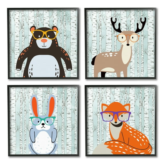 Stupell Industries Woodland Animals in Glasses Animals & Insects Painting Black Framed Art Print Wall Art, 12 x 12, Set of 4
