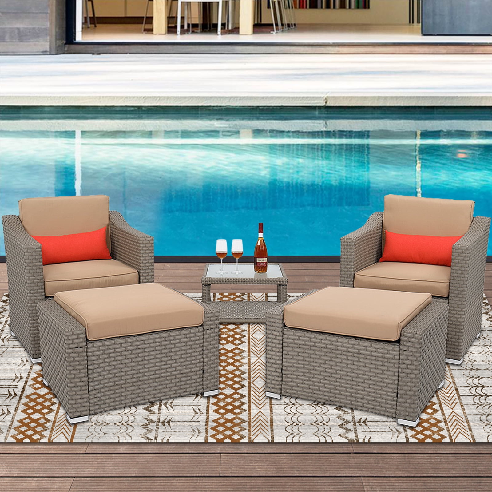 Patio Conversation Set 5 PCS, Rattan Outdoor Furniture with Coffee