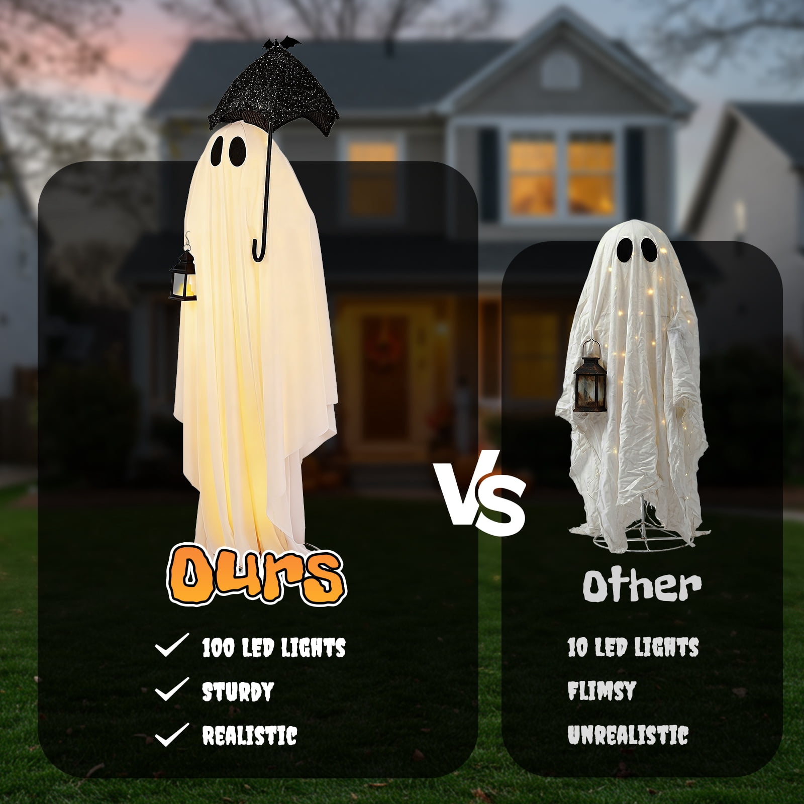 Astoutdoor 5 ft Black and White Umbrella Ghost Halloween Decoration with 100 Warm White LED Lights, 30V 3.6W Adapter, Indoor Outdoor Light-Up Decor