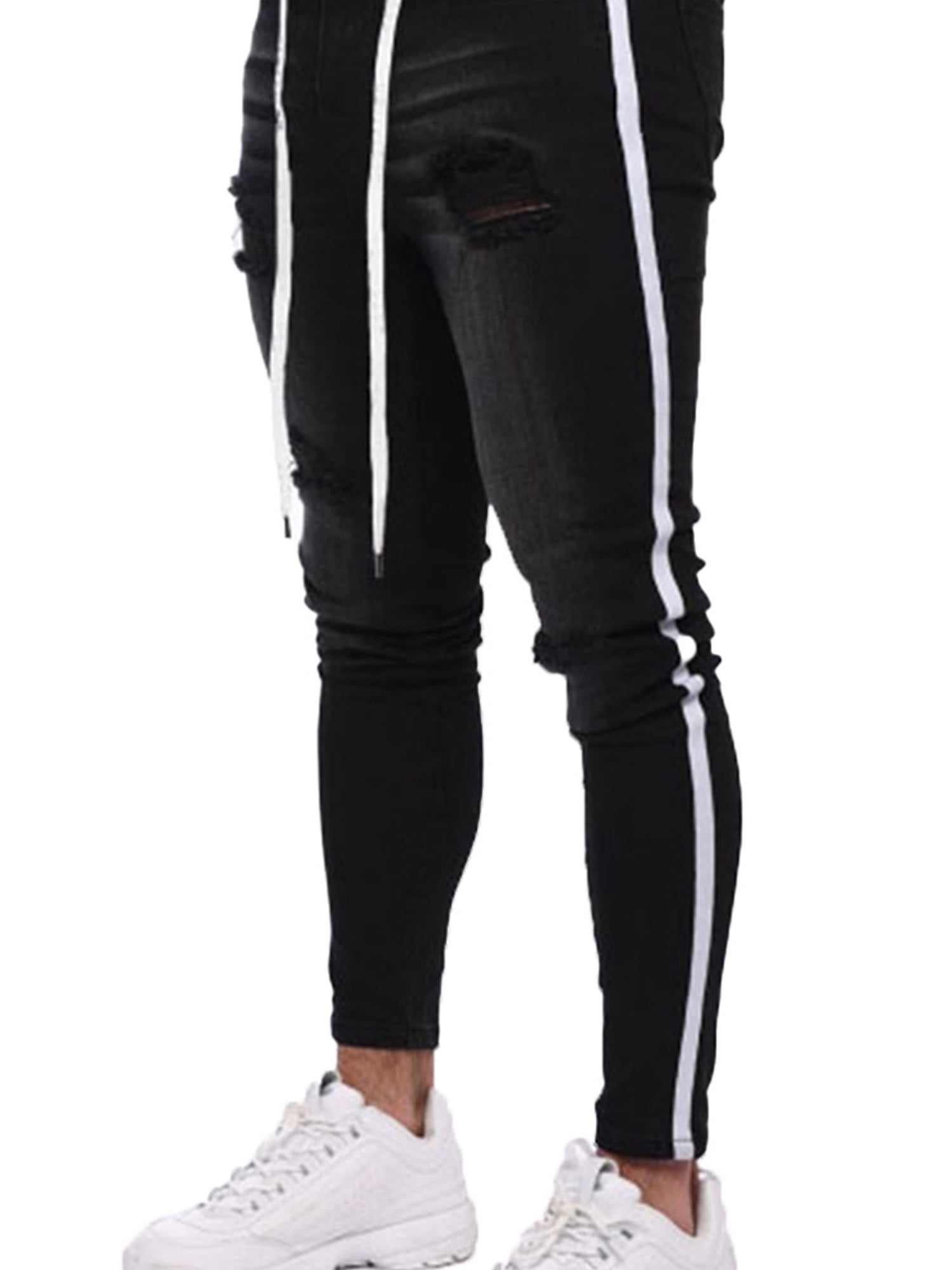 Mens Striped Frayed Ripped Denim Jeans 