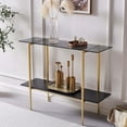 thumbnail image 3 of Rectangle Coffee Table Mid-Century Modern Design L W x H for Living Room - Structure Amber Glass Top and Walnut MDF Shelf Sleek Conical Metal Legs with Gold Finish, 3 of 9