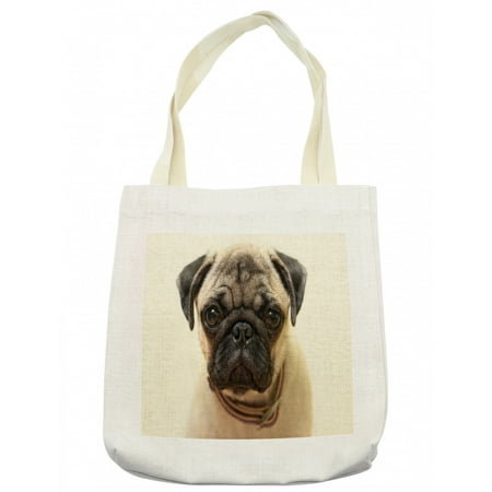 Pug Tote Bag  Photograph of a Pug Pure Bred Puppy with a Loose Collar Dog Pets Animal  Cloth Linen Reusable Bag for Shopping Books Beach and More  16.5  X 14   Cream  by Ambesonne