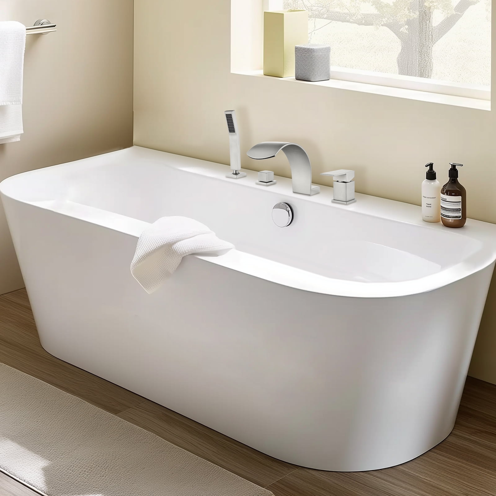 Cobbe Bathroom Bathtub Shower Faucet Set with Handheld Sprayer and 3.78-Inch Wide Tub Spout Single Handle 4-Hole Mount Brushed Nickel