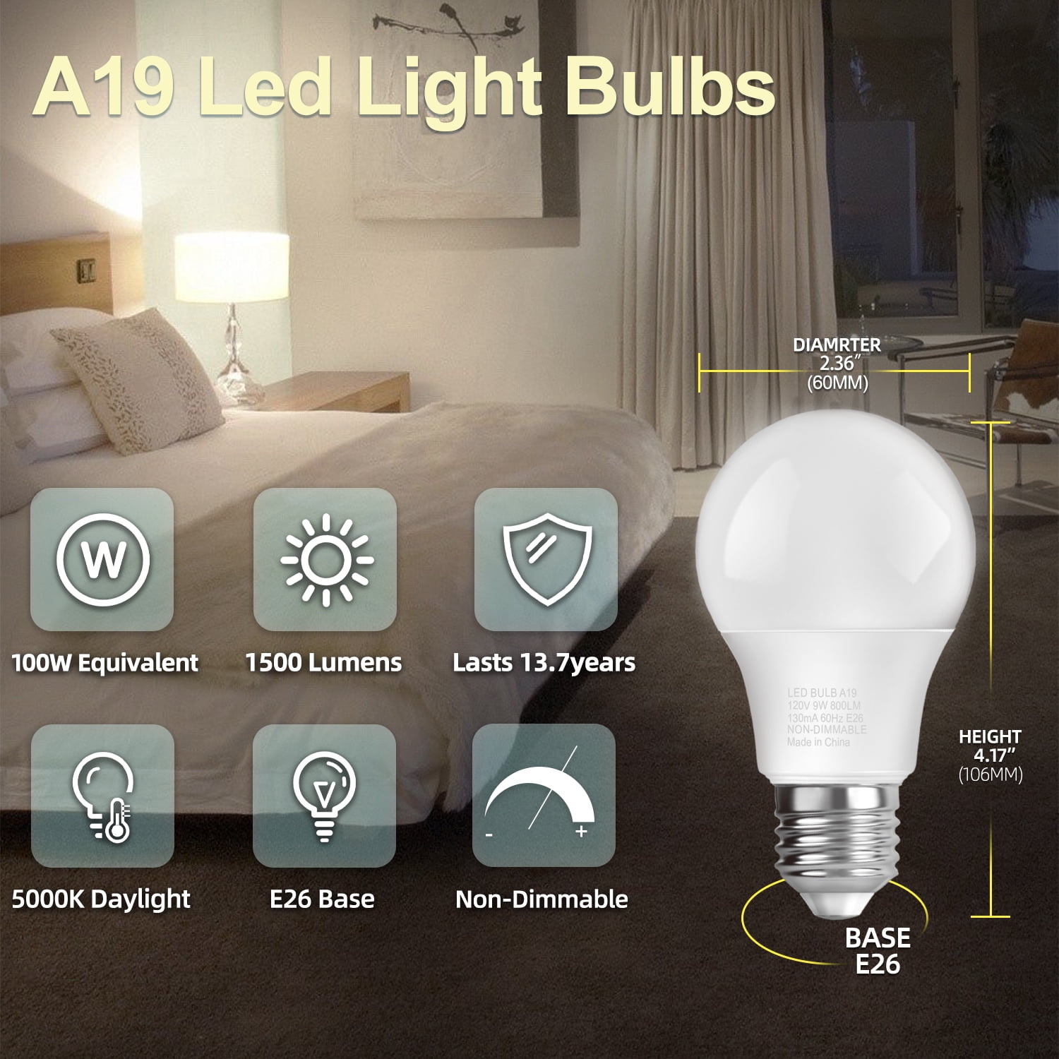 TJOY A19 LED Light Bulbs, 100W Equivalent,5000K Daylight, 15W 1500 Lumens,E26 Standard Base,UL Listed,Lighting for Bedroom Living Room Home Office,24 Pack.