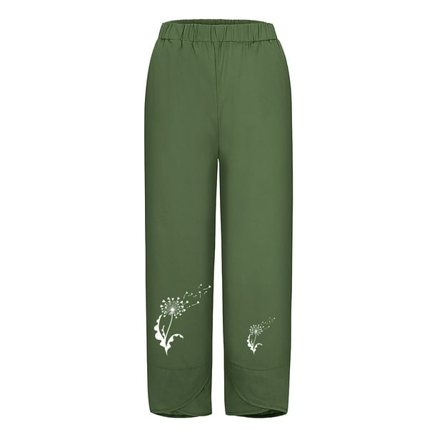 Women's Pants women Fashion Casual Printing Pocket Fold Loose Full Length  Pants Green L