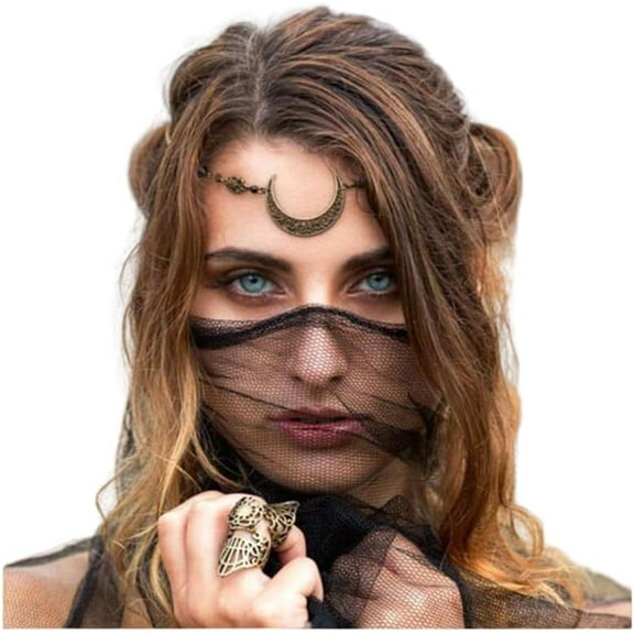 Viking Crystal Head Moon Circlet Headpiece Crescent Forehead Chain Halloween Crystal Headband Prom Hair Jewelry for Women (Retro Gold)