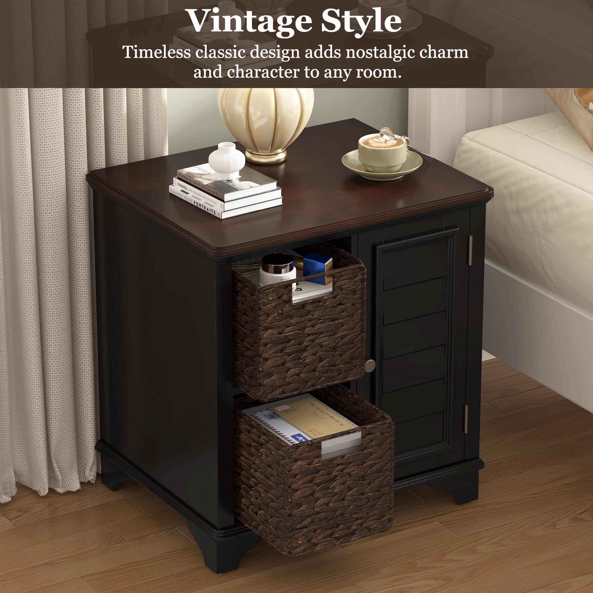 Farmhouse Nightstand,End Table Side Table with 2 Woven Grass Drawers Bedside Table for Bedroom,Closet,Dorm,Black