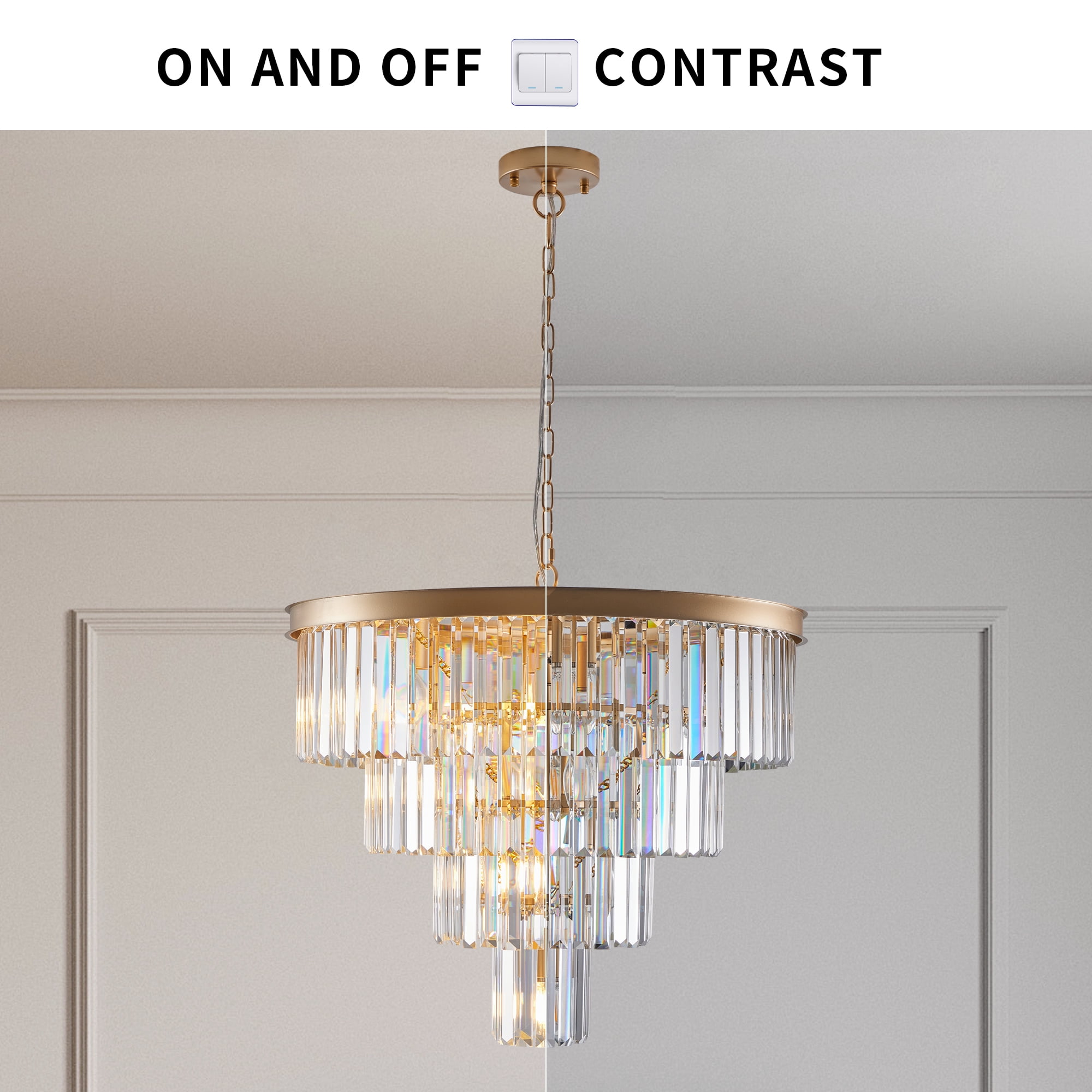 Jopath 24" 4-Tier Crystal Chandelier, 12-Light Golden Frame Pendant Light, Elegant Ceiling Lighting for Living Room, Dining Room, Bedroom (No Bulbs)