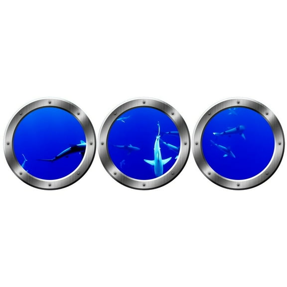 VWAQ Sharks Wall Decals - Marine Life Stickers, Submarine Porthole Decal - VWAQ-SPW13 (14" Diameter, Silver)