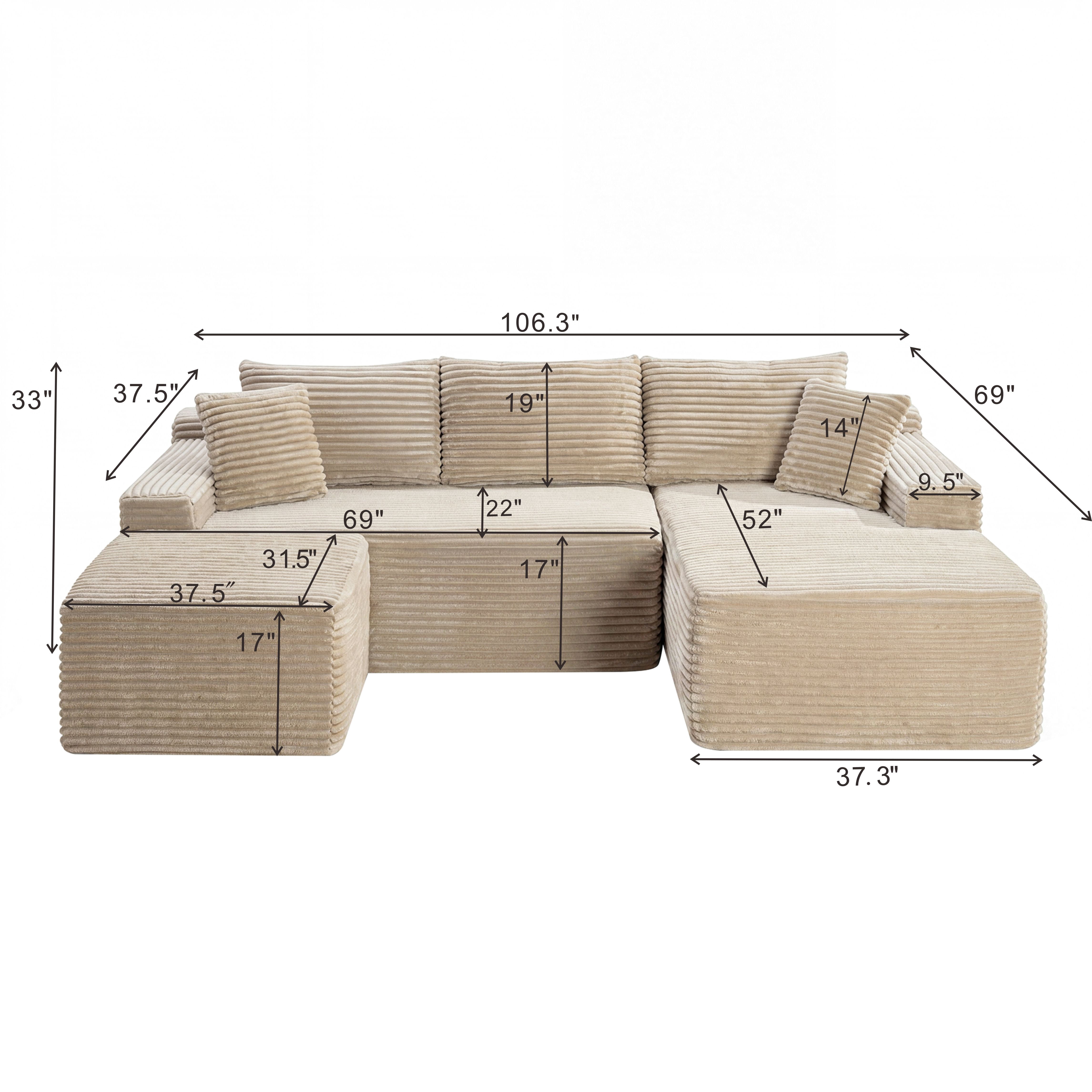 Leumius 106" Sectional Sofa Couch with Deep Seat,U-Shaped Cloud Modular Sleeper Couches for Living Room,Bedroom,Apartment,No Assembly Required,Camel-Right