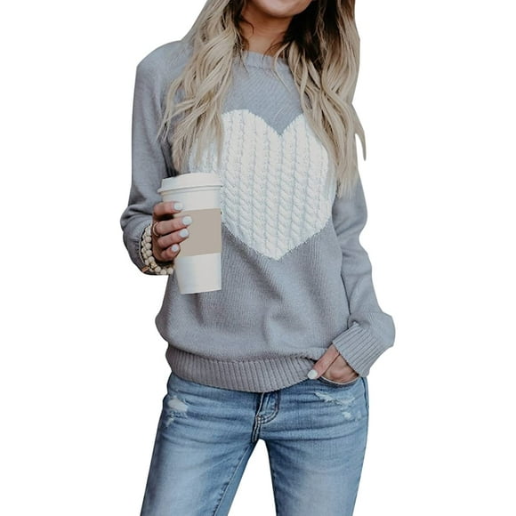 Women Sweaters Heart Front Crew Neck Long Sleeve Knitted Pullover Sweater