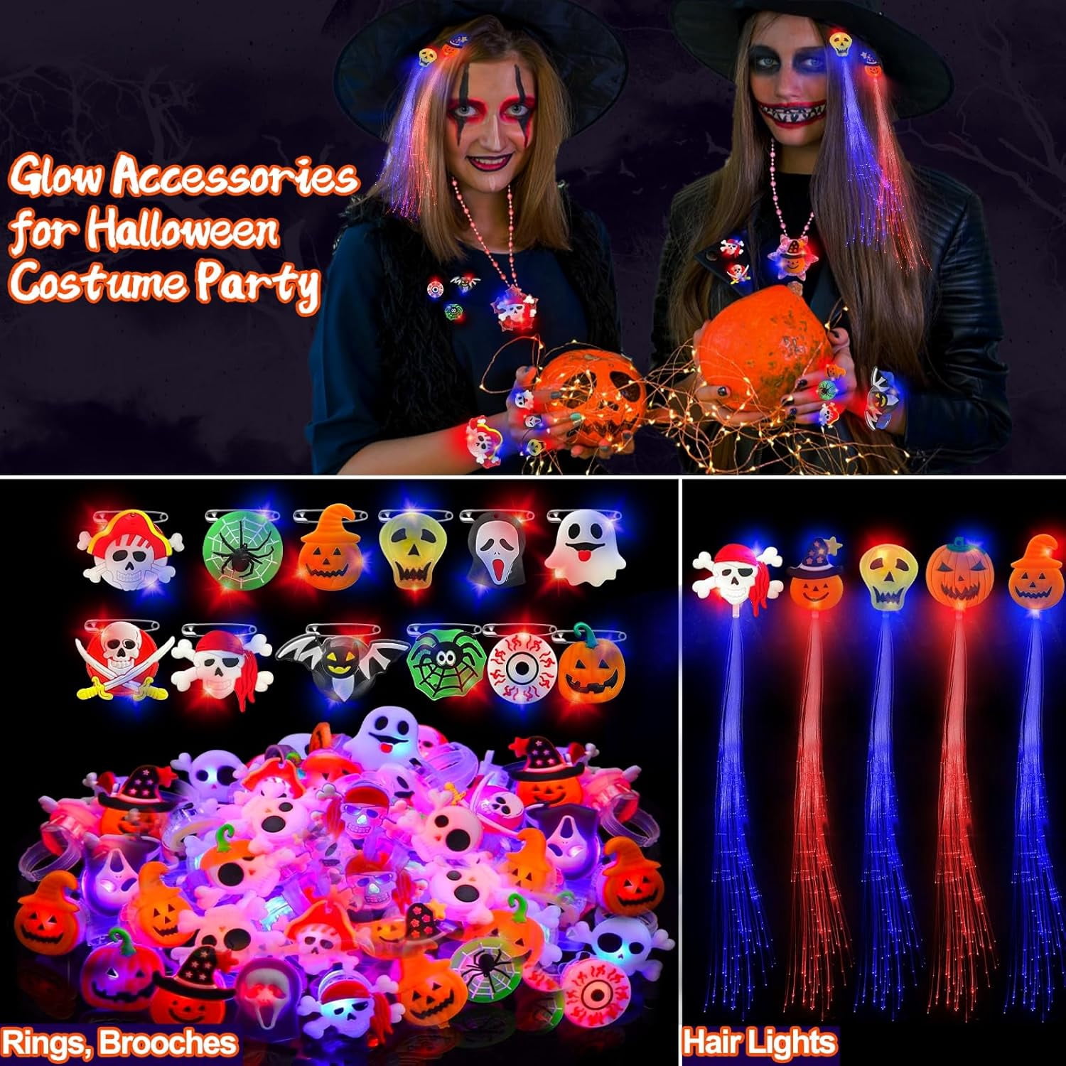 42 Pcs Halloween Party Favors for Kids Halloween Glow in the Dark Toys Rotating Spin Light Up Necklaces LED Bracelets Flash Rings Brooches Hair Lights Halloween Treats Gifts Bag Fillers Party Supplies