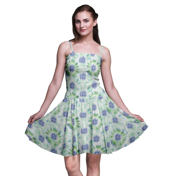 Bimba Tie-Dye Printed Women Smocked Waist Top Spaghetti Strap Mini Sun Dress-XX-Large