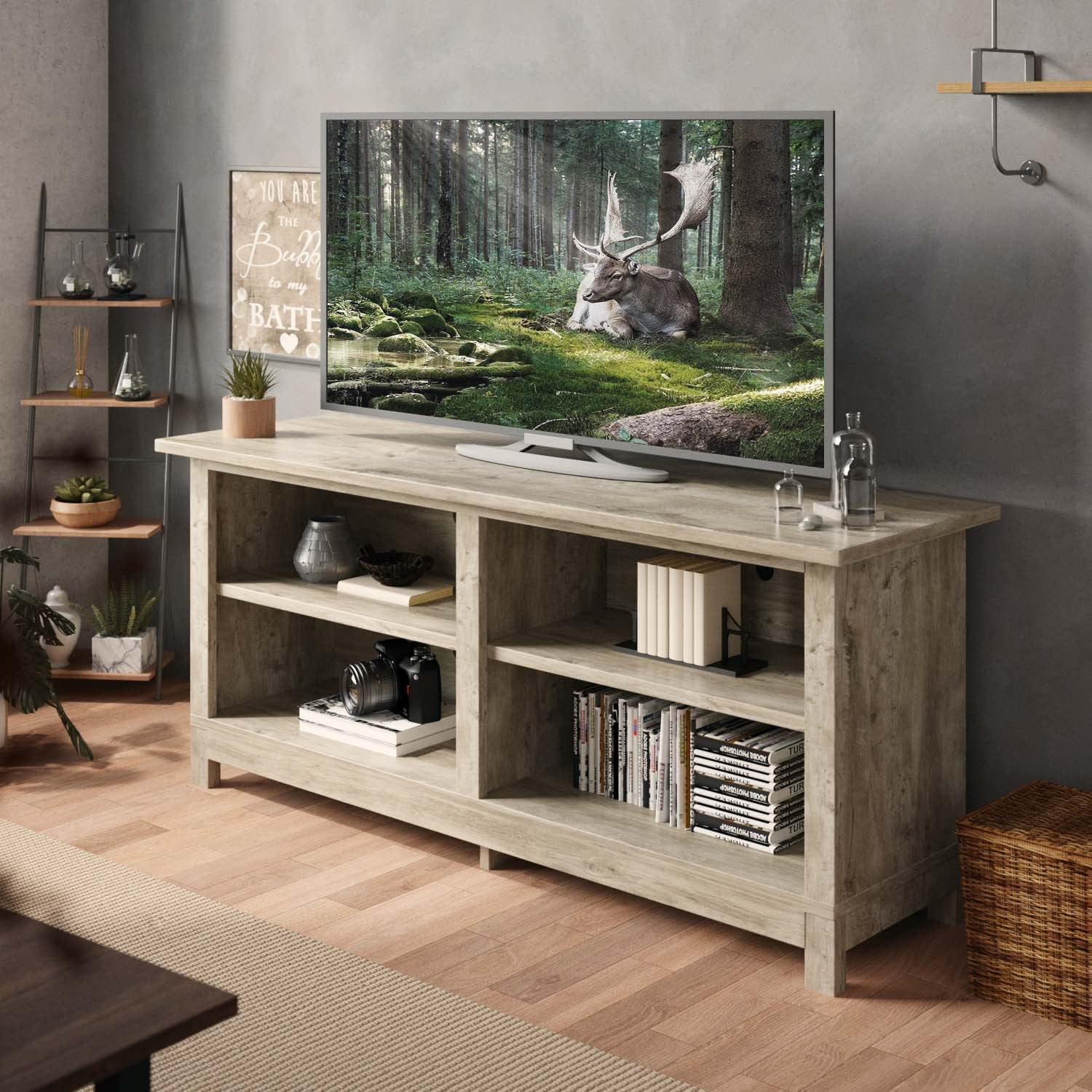 Classic 4 Cubby Wood TV Stand for 65 Inch TV, Farmhouse Television