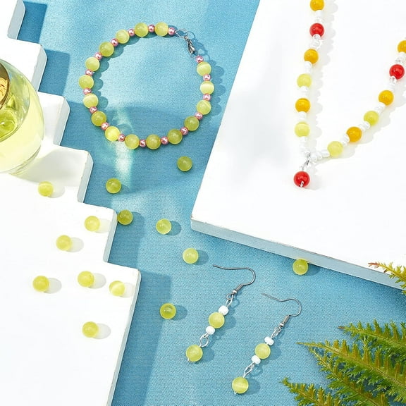 147 Pcs Cat Eye Glass Beads 8mm Round Beads Spacer Loose Beads for Bracelet Necklace Earring Jewelry Making- Yellow