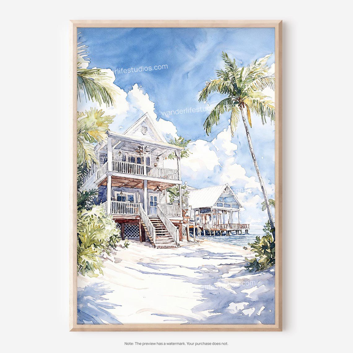 Key West Beach House Watercolor Wall Art Print For Coastal Ocean Decor