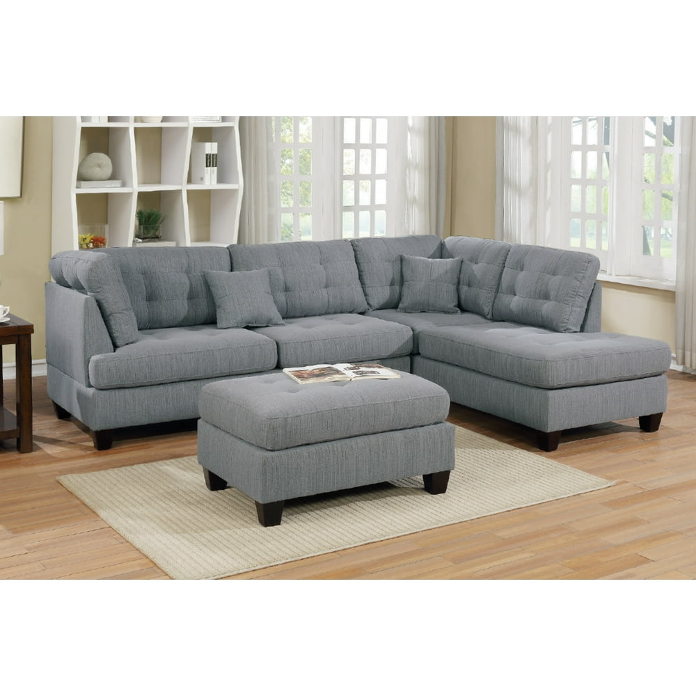 Poundex 3Pcs Reversible Sectional Set Grey Polyfiber