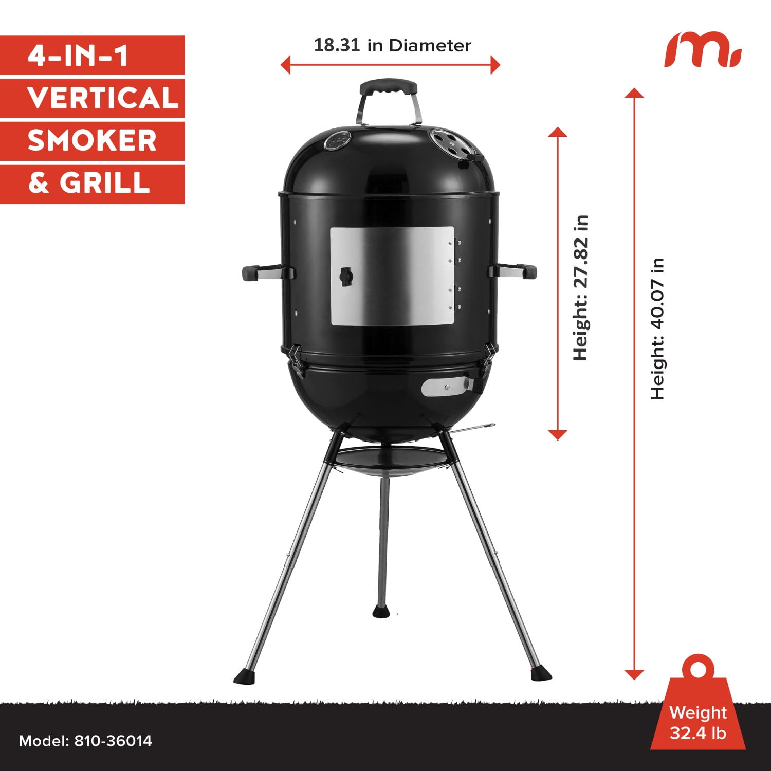 Megamaster Vertical 18 Inch Charcoal BBQ Smoker, 4-in-1 Portable Outdoor Grill with Adjustable Air Vent, 600 SQ. In Cooking Area, Built-in Temperature Gauge, BBQ Grill for Camping, Picnics - 810-3601