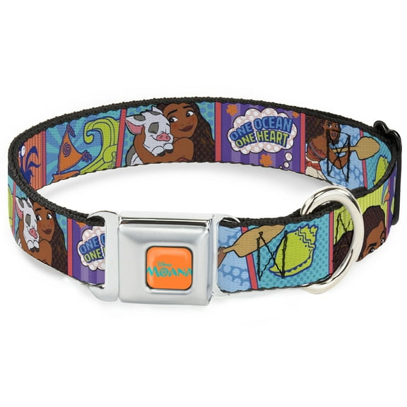 Disney Pet Collar, Dog Collar Metal Seatbelt Buckle, Moana Make Waves Scene Blocks Blues Orange, 9.5 to 13 Inches 1.0 Inch Wide
