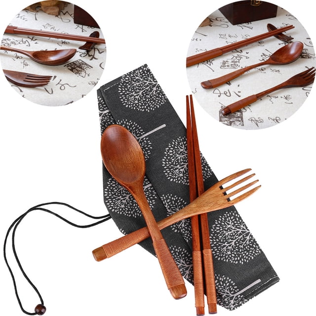 Juego de Cubiertos Vintage de Madera, Palillos, Cuchara y Tenedor de Madera Natural, Diseño Ergonómico, Estuche de Viaje Portátil, Ideal para Comedor Ecológico, Juego de 3 Piezas, 18,5-22,5