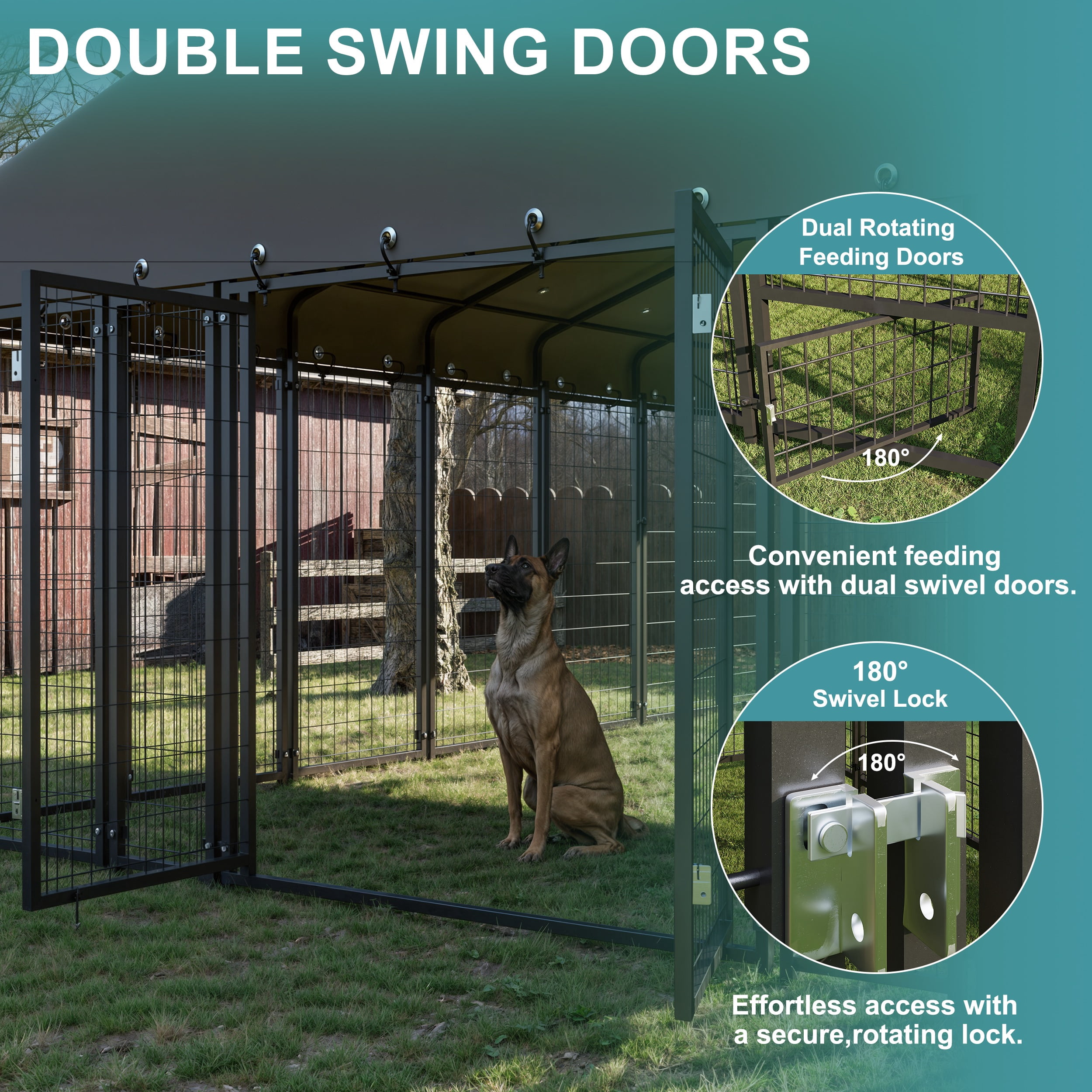 10X14FT Dog Kennel Outside Double Door Dog Kennel Outdoor with Feeding, Heavy Duty Outdoor Dog Crate Durable Dog Cage with Roof & Double Lock