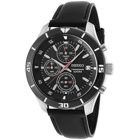 Seiko Men's Chronograph Stainless Case and Black Dial Watch, Black Leather Strap
