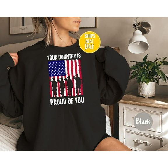 Military Salute Patriotic Sweatshirt, Red White Blue USA Flag Hoodie, Memorial Day and July 4th Shirt