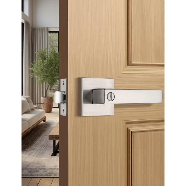 Brushed Nickel Door Handle Interior Privacy Door Lock Bed and Bath Door Lock with Square Rose Modern Keyless Door Lock Handle Reversible for Left & Right