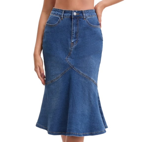 DARING DIVA Women's Bodycon Fishtail Ruffled Knee Length Jean Skirt Small Blue