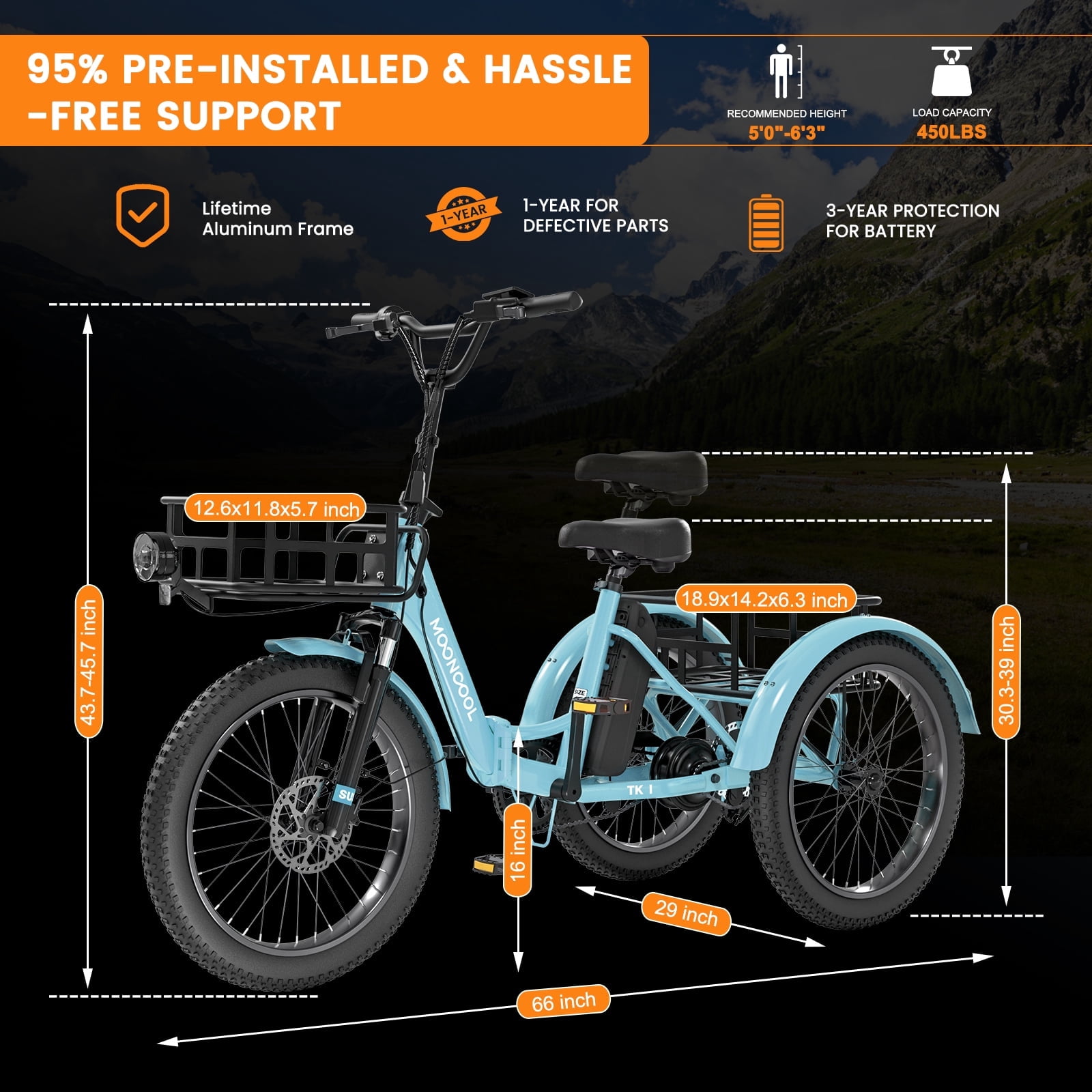 MOONCOOL TK1 Folding Electric Tricycle for Adults,48V 14.5Ah Removable battery, Peak 1000W Motor, 20" Fat Tire Step-Thru 3 Wheel Electric Bicycle W/ Mirrows Kit