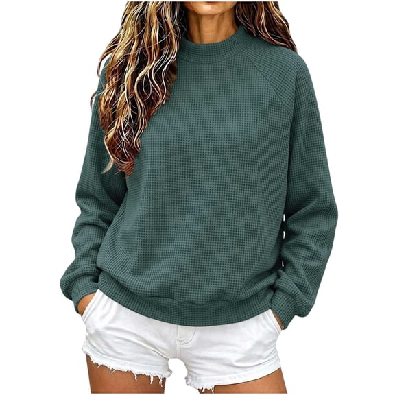 Floleo Women's Waffle Knit Crewneck Sweatshirt Long Sleeve Raglan Sleeve Pullover Relaxed Fit Solid Color Casual Top for Fall Winter Daily Wear