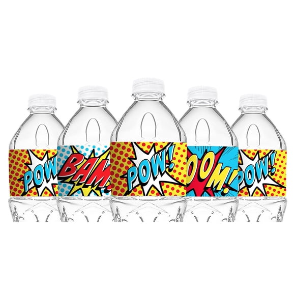 POP parties Superhero Red Bottle Wraps - 20 Superhero Water Bottle Labels - Superhero Decorations - Made in The USA