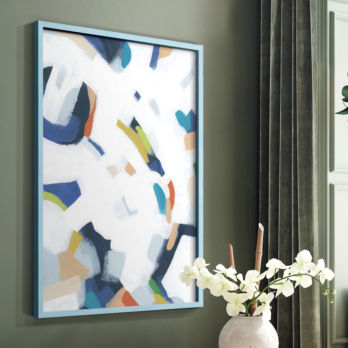 Bright Orbit I Framed Print in Blue Solid Wood Framed Print No Nail Hanging