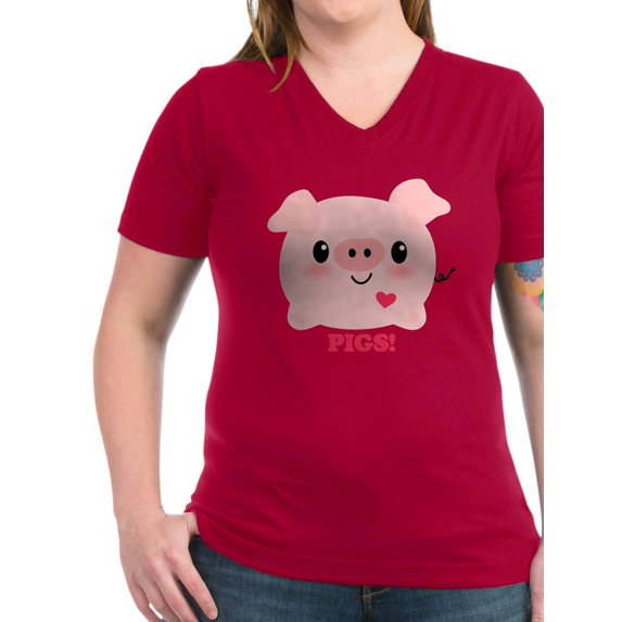 CafePress - Kawaii I Love Pigs Women's V Neck Dark T Shirt - Women's V-Neck Dark T-Shirt