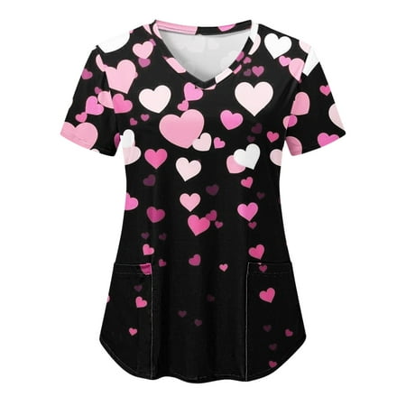 

Women Scrubs Top Working Uniform Nurses Clothing Workwear Casual V-Neck Valentine s Day Love Printed Short Sleeve Working Shirt Streetwear