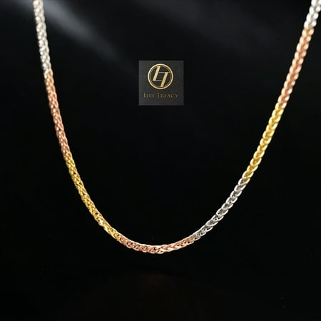 18K Solid Gold Tri color Yellow White Rose Gold 3 tone Spiga Diamond-cut chunky Adjustable Wheat Chain 20