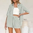 thumbnail image 3 of Ohufall Summer Beach Short Sets for Women Striped Short Sleeve Lapel Button Shirts with Shorts 2 Piece Sets, 3 of 6