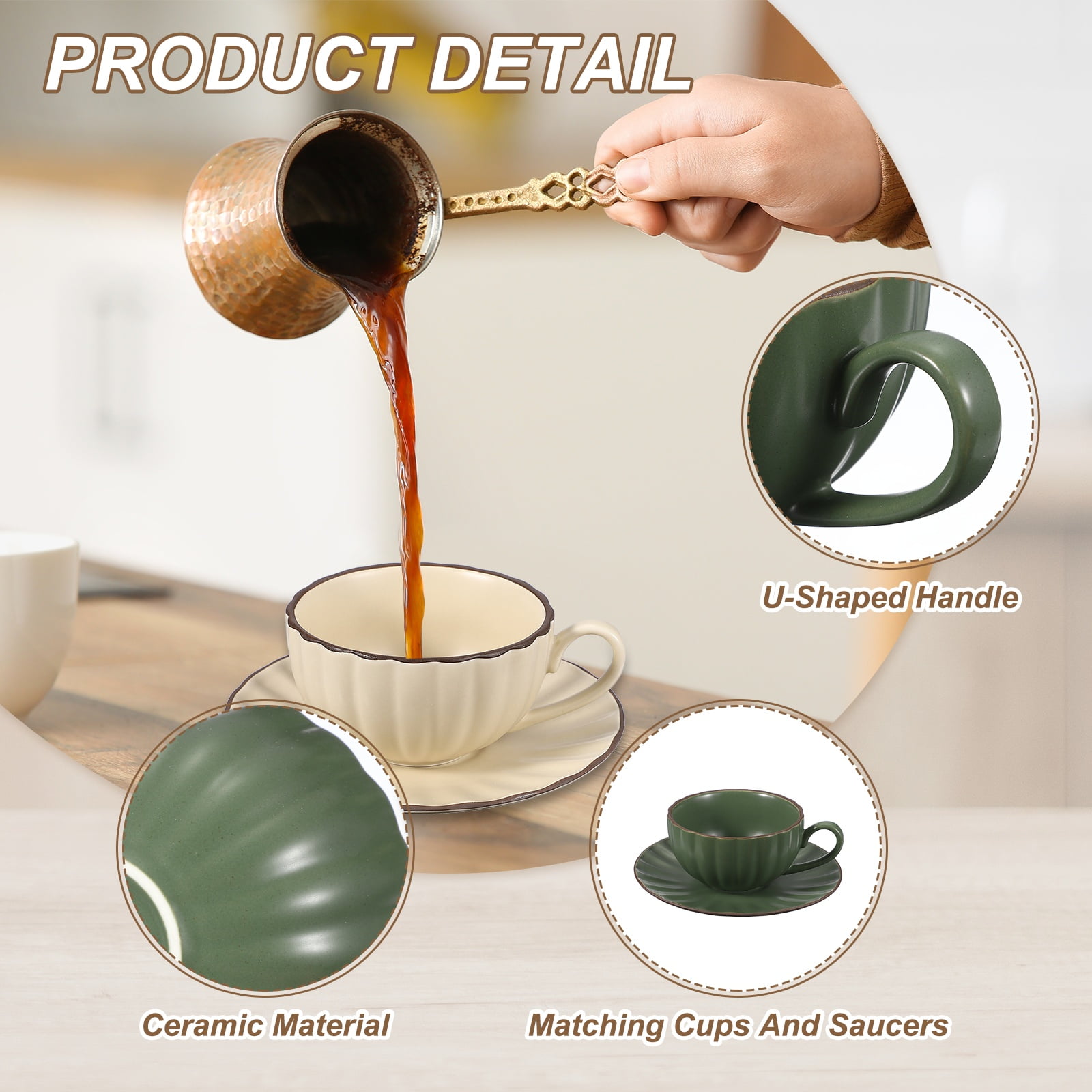 Uxcell Handmade Vintage Espresso Cups, 8 oz Coffee Cups and Saucers Ceramic Tea Cup with Handle Dishwasher and Microwave Safe for Latte Cappuccino Milk Office Home Gifts, Dark Green