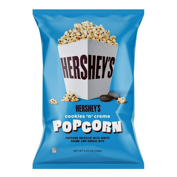 Hershey's Cookies N Crème, 5.25oz Grocery Sized Bag, Popcorn drizzled in white creme and cookie bits, Ready to Eat, Savory Snack, Sweet and Salty