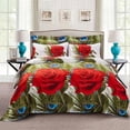 thumbnail image 1 of Rosa roja y plumas de pavo real Funda nórdica Juego de cama Reina o Rey de diseño, 1 of 5